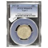 1917 D TYPE 1 PCGS MS64 FULL HEAD STANDING