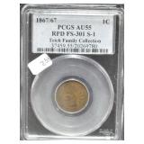 1867/67 INDIAN HEAD CENT PCGS AU55 VERY RARE