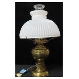 BRASS BASE TABLE LAMP WITH MILK GLASS SHADE