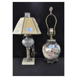2 TABLE LAMPS: ASIAN STYLE (NO SHADE) & GLASS LAMP