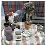 GROUPING: WOODEN CHICKEN, GLASSWARE, CERAMICS,