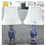 PAIR BLUE AND WHITE ASIAN STYLE LAMPS WITH SHADES