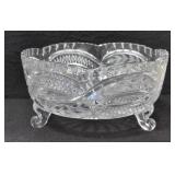 9" DIAMOND POINT, ETCHED, 3 FOOTED CRYSTAL BOWL