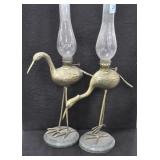 PAIR CRANE OIL LAMPS - MARBLE BASE - CHIMNEY