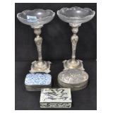 GROUPING: SILVER PLATE CANDLE STICKS, 3 COVERED BO