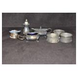 GROUPING: SILVER PLATE NAPKIN RINGS, SALT SHAKER,