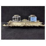 BRASS DESK SET WITH CRYSTAL INK WELLS