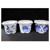 3 BLUE AND WHITE CERAMIC PLANTERS