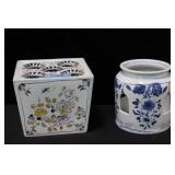 2 WILLIAMSBURG DELFT ITEMS: FLOWER BRICK AND TEA L