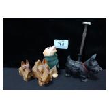 3 SCOTTIE DOG FIGURINES AND YELLOW LAB FIGURINE