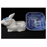 6 3/4" SQUARE SPODE BOWL AND CERAMIC RABBIT