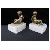 PAIR BOOKENDS: BRONZE BABIES ON MARBLE BASE