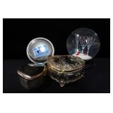 3 SILVER PLATE COVERED BOXES AND SNOW GLOBE