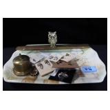 TRAY WITH OWL PAPERWEIGHT AND COSTUME EARRINGS