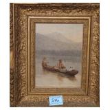FAMILY IN CANOE - OIL ON BOARD - ANTIQUE FRAME