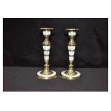 PAIR OF BRASS AND MOTHER OF PEARL CANDLE STICKS