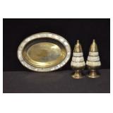 BRASS AND MOTHER OF PEARL SALT AND PEPPER WITH UND
