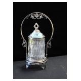 SILVER PLATE AND CRYSTAL PICKLE CASTOR WITH TONGS
