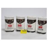 4 PIECE BLACK AMERICANA SPICE JARS, PEPPER IS