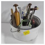 WHITE ENAMEL PAN WITH ASSORTED VINTAGE KITCHEN