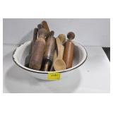 WHITE ENAMEL BOWL WITH ASSORTED WOOD KITCHEN