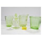 4 PIECES OF KITCHEN WARE GREEN DEPRESSION GLASS