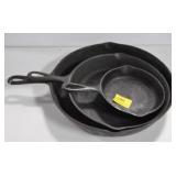 3 CAST IRON SKILLETS (2) UNMARKED (1) MARKED