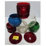 5 RAILROAD LANTERN GLOBES AND 2 RED LENSES