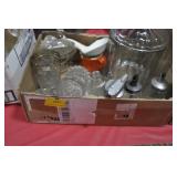 BOX GLASS ITEMS, PITCHERS, CANDY DISHCOVERS, JAR