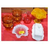 GLASSWARE: MOONSTONE BOWL, CRUET NO STOPPER,