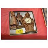 SAILOR THERMOMETER, 2 WOOD FIGURINE CARVINGS