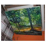 WINDOW, RAILROAD PRINT AND PAINTING ON CANVAS