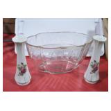 AVON BOTTLE, GLASS PITCHER, COMPOTE DISHES
