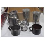 TIN CUPS, PANS, CARAFE, TEAPOT