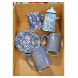 BUTTER CROCK, TEAPOTS, TINCUPS, PITCHERS