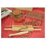 DISPLAY CASE, WOOD ROLLING PINS, TRAY, BRASS