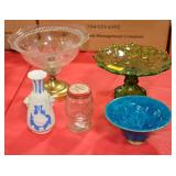 GLASS BANK, 2 COMPOTES, JASPERWARE, VASE POTTERY