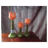 3 MATCHING CERAMIC TULIP CANDLESTICKS