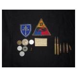 GROUPING: WWII COINS, MILITARY PATCHES, BULLETS,