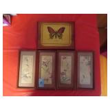 4 FRAMED CHINESE ART PIECES AND BUTTERFLY PLAQUE