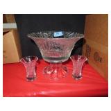 9" LEAD CRYSTAL COMPOTE AND PAIR 3 1/2" LEAD