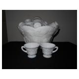 PANEL GRAPE - MILK GLASS PUNCH BOWL WITH 20 CUPS