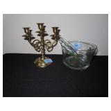 HOLIDAY ICE BUCKET, TONGS AND BRASS CANDLESTICK