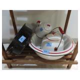 5 PCS. OF ENAMELWARE: COFFEE POT, TEA KETTLE, 2