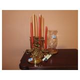 9 BRASS CANDLE HOLDERS, HURRICANE SHADE AND WALL