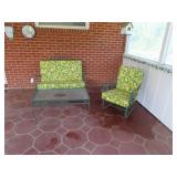 WROUGHT IRON LOVESEAT, CHAIR AND GLASS TOP TABLE