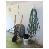 WHEEL BARROW, GARDEN HOSE, ETC.