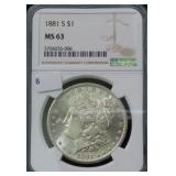 1881-S MORGAN SILVER DOLLAR - NGC GRADED: MS63