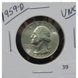 1959-D WASHINGTON SILVER QUARTER - UNC