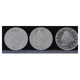 3 LIBERTY HEAD NICKELS: 1888, 1896 AND 1911
